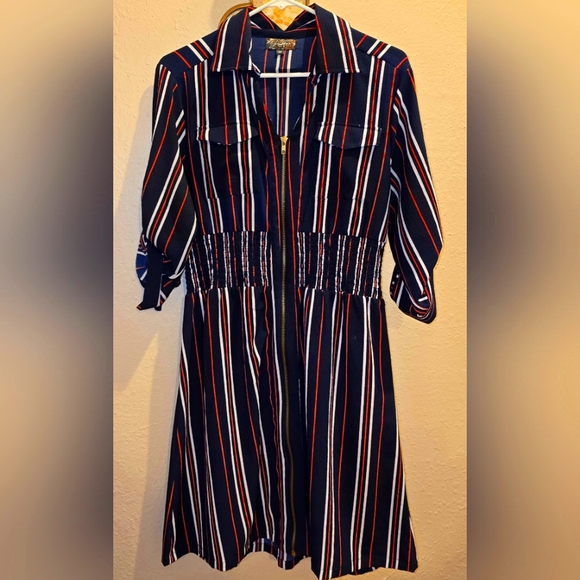 J Gee Red White Blue Front Zipper Striped Dress Size MEDIUM - Picture 1 of 8
